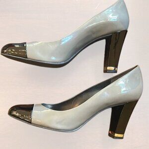 Ann Taylor Grey & Black Spectator Pumps  Size 7.5  Patent Leather Cap Toe Heel